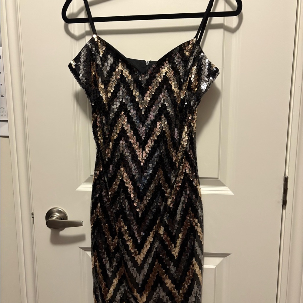 Molly Bracken Black and Gold Sequin Slip Dress